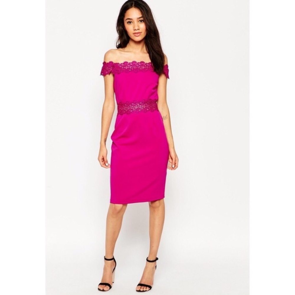 Paper Dolls Fuchsia Crochet Off Shoulder Dress 6